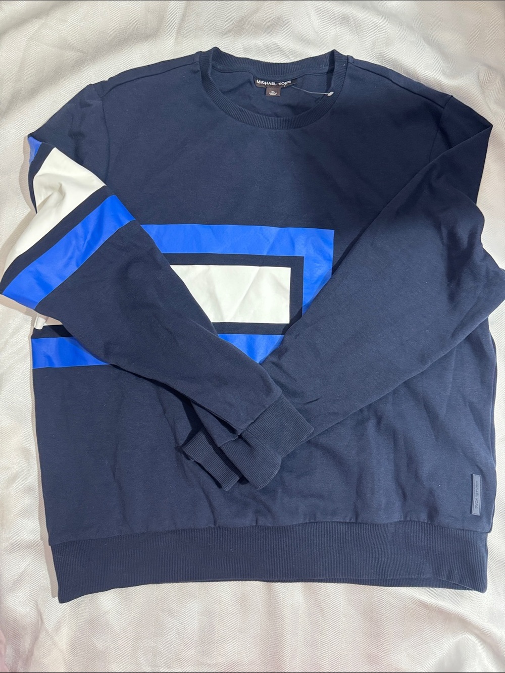 Michael Kors Navy Crewneck Sweater with Blue and White Geometric Panels